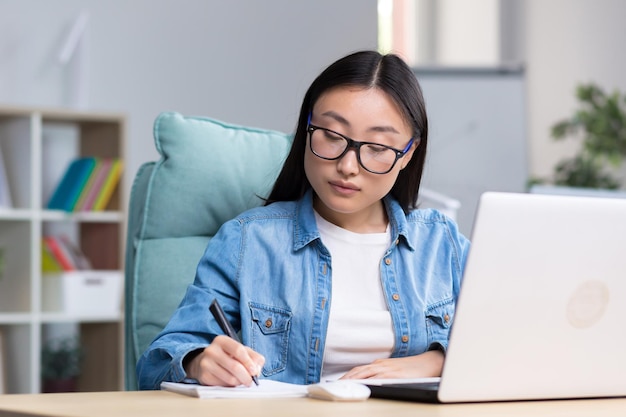 Fernunterricht junge schöne asiatische Studentin, die eine Online-Prüfung ablegt, die in einer Brille sitzt und