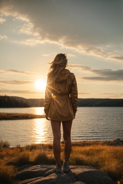 Fernweh-Foto einer Frau, die Zeit am See verbracht hat