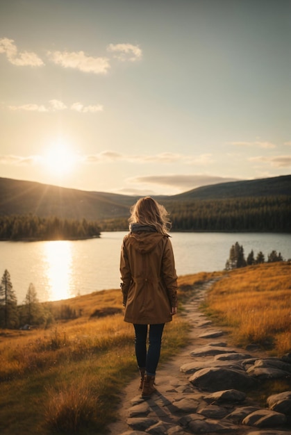 Fernweh-Foto einer Frau, die Zeit am See verbracht hat