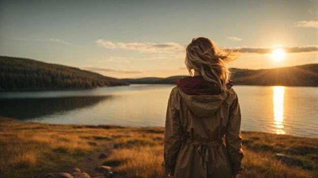 Fernweh-Foto einer Frau, die Zeit am See verbracht hat