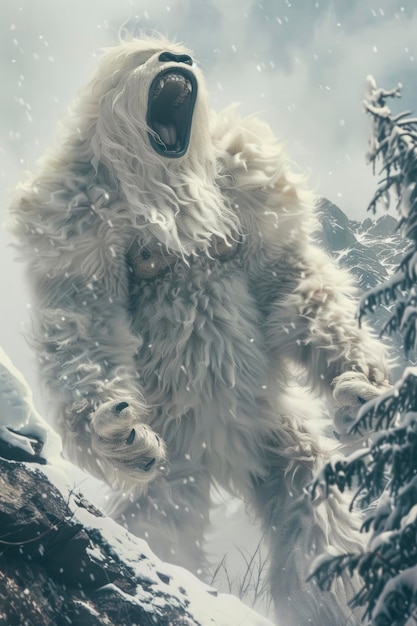 La feroz bestia mítica de la nieve, el yeti, rugiendo en un paisaje montañoso nevado.