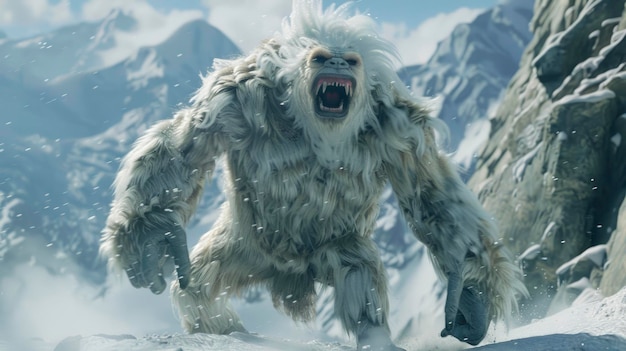 La feroz bestia mítica de la nieve, el yeti, rugiendo en un paisaje montañoso nevado.