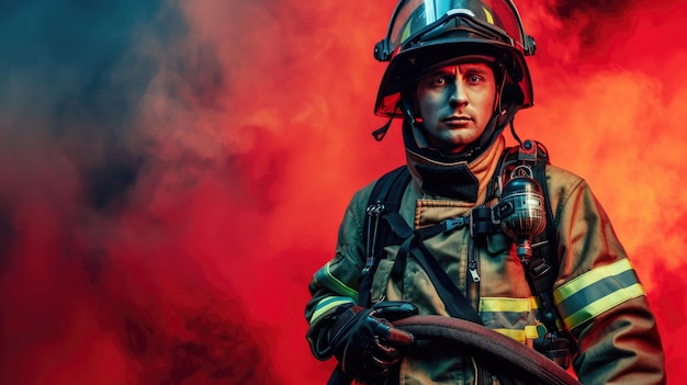 Un feroz bombero vestido con todo el equipo de extinción de incendios con una manguera robusta en la mano listo para combatir las llamas