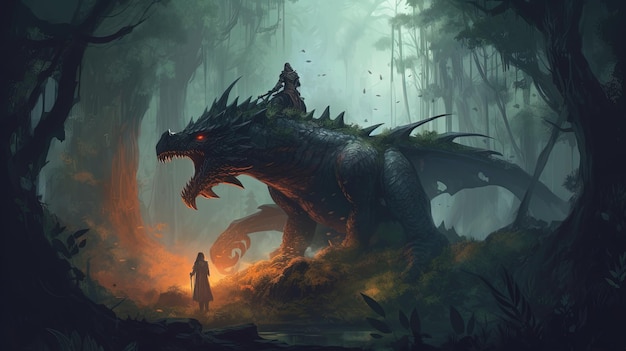 Feroz guerrero montando un dragón sobre un bosque mágico Concepto de fantasía Pintura de ilustración IA generativa