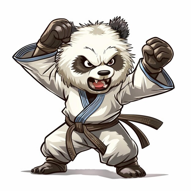 Un feroz panda en un karate gi con un cinturón negro se encuentra en una postura de lucha con los puños levantados