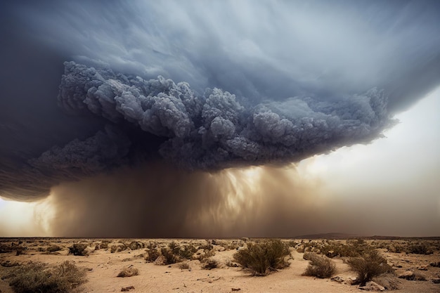 Feroz tempestade de areia no deserto com nuvem de poeira