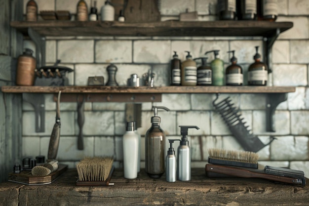 Ferramentas de barbeiro vintage exibidas em uma prateleira de madeira rústica