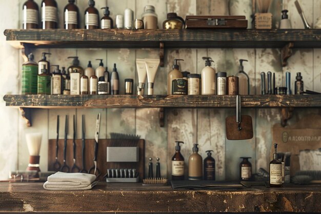 Ferramentas de barbeiro vintage exibidas em uma prateleira de madeira rústica