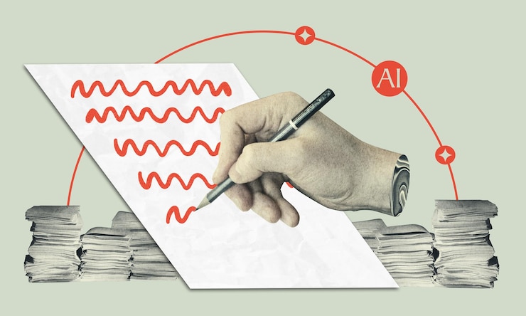 Foto ferramentas de escrita eficazes de ia colagem escrita à mão em papel simbolismo de inteligência artificial