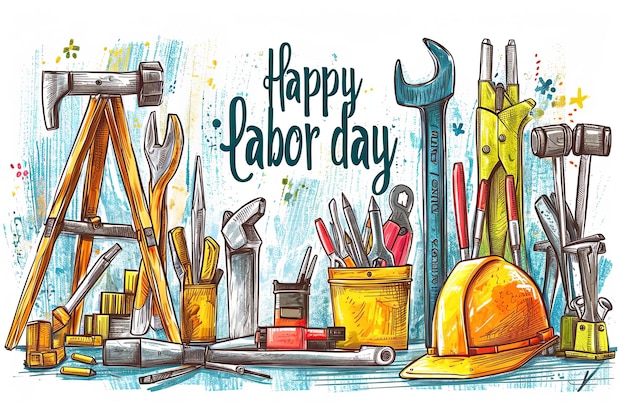 Foto ferramentas de fabricação de construção com capacete de segurança amarelo e fundo de ilustração do trabalhador do dia do trabalho