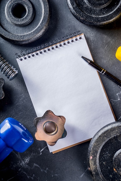 Ferramentas de fitness e halteres com caderno em branco