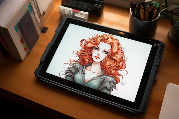 Ferramentas de ilustração digital em um tablet gráfico com esboços desenhados à mão na tela