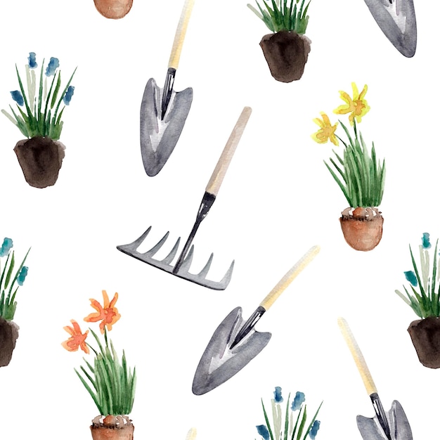 Ferramentas de jardim e mudas de flores em aquarela sem costura padrão