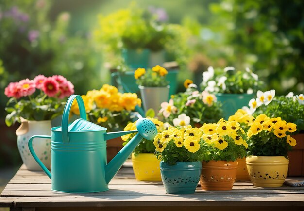 Ferramentas de jardinagem ao ar livre em uma velha mesa de madeira