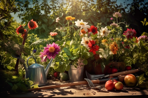 Ferramentas de jardinagem e flores da primavera no terraço do jardim generativo ai