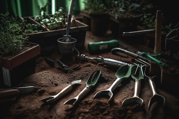 Ferramentas de jardineiro no solo Criadas com tecnologia de IA generativa