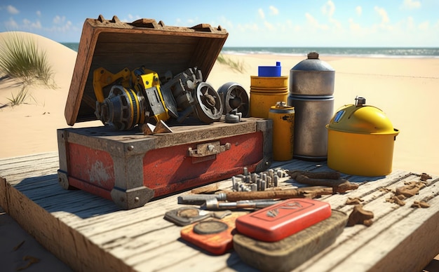 ferramentas de trabalhador na praia ensolarada renderização 3D