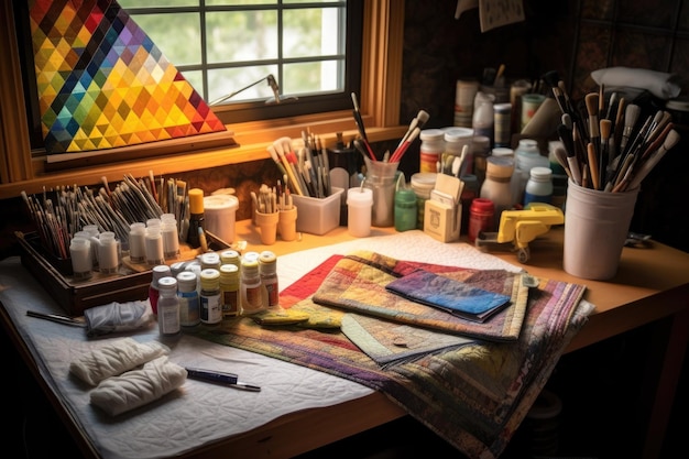 Ferramentas e materiais de quilting organizados em um espaço de trabalho criado com IA generativa