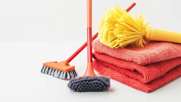Foto ferramentas essenciais de limpeza doméstica dusters toalhas de microfibra scoop e panicle