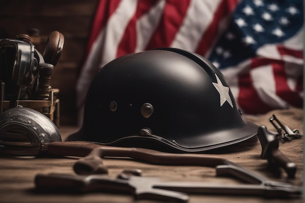 ferramentas para o dia do trabalho com realista bandeira americana e capacete de bandeira dos EUA