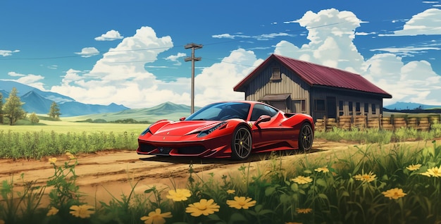 Ferrari en el campo por el granero rojo anime detallado fondo de pantalla hd