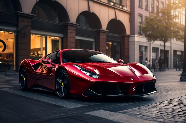 Un Ferrari rojo en la calle con un edificio de oficinas al fondo