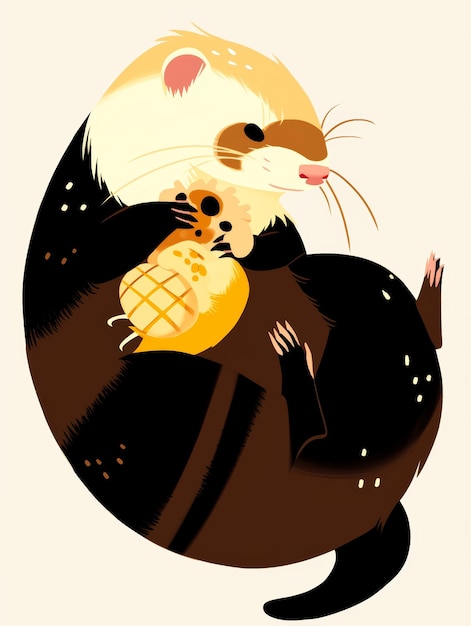 Ferret curioso escondendo um brinquedo em ilustração mínima IA generativa