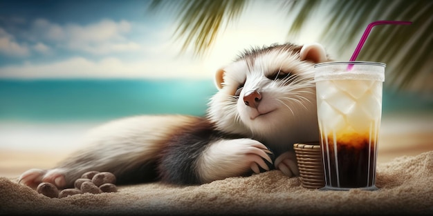 Ferret está de vacaciones de verano en un balneario y se relaja en la playa de verano