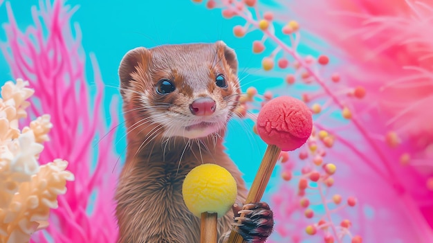 Foto ferret lindo y esponjoso sosteniendo dos piruletas en sus patas