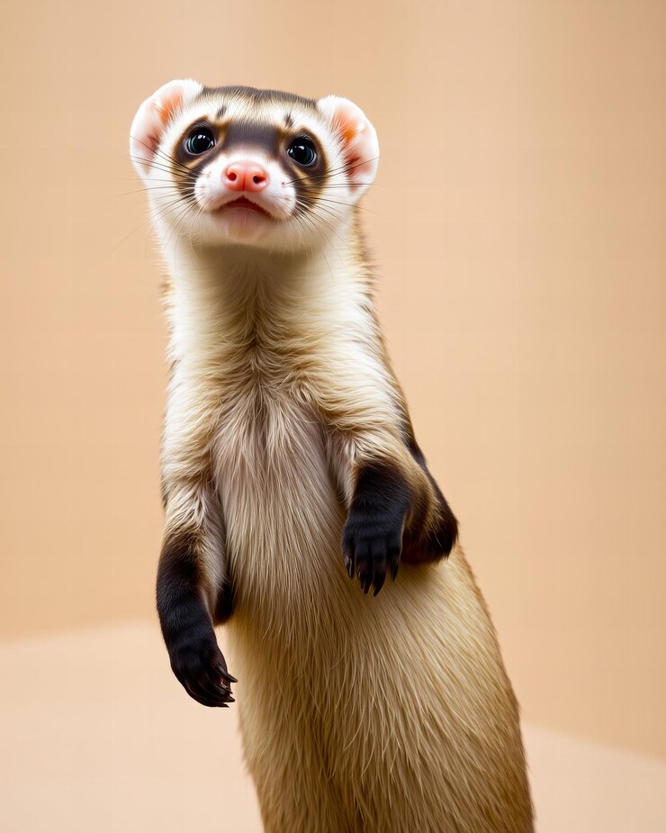 Ferret musculoso de pie en las patas traseras con expresión curiosa