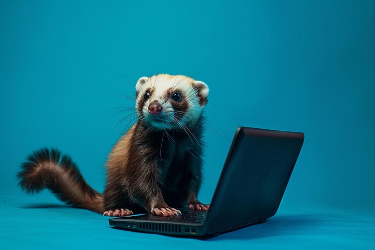 Foto ferret usando una computadora portátil con un fondo azul eléctrico brillante retrato de animal alegre para agregar diversión a su espacio