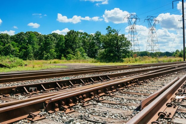 Ferrocarril va al horizonte en paisaje verde cielo nubes ferrocarril árboles