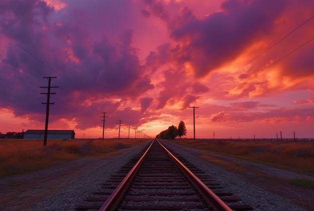 Ferrocarril con hermoso atardecer generativo ai.