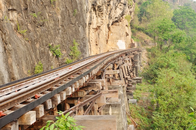 Ferrocarril muerto al lado del acantilado, a lo largo del río Kwai en Tailandia