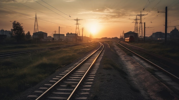 Ferrocarril y puesta de sol IA generativa