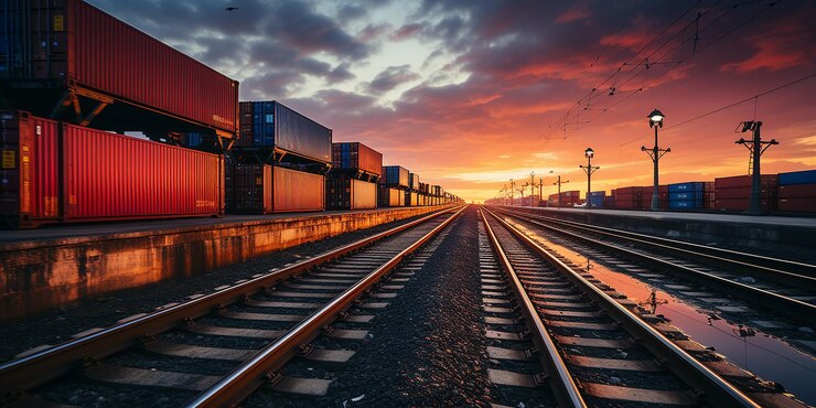 Ferrocarril con una serie de trenes de contenedores