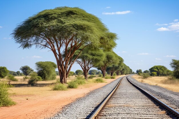 Ferrovia atravessando as árvores sob o belo céu azul em tsavo oeste