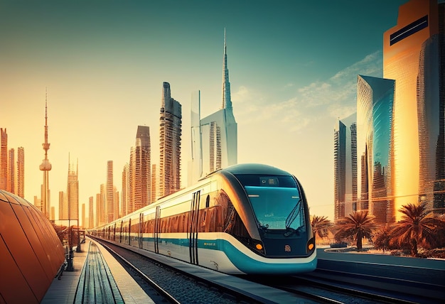 Ferrovia do metrô entre arranha-céus de vidro na ilustração de Dubai Ai generative