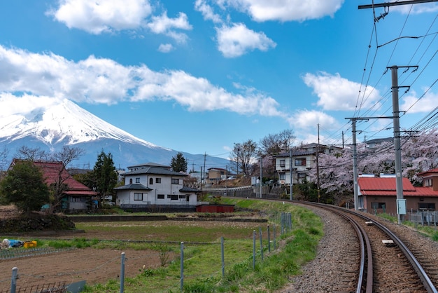 Ferrovia do trem Fujikyu Railway com fundo coberto de neve do Monte Fuji Mt Fuji