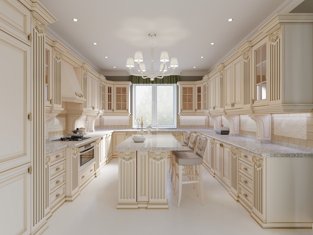 Fertiges Projekt der klassischen Küche mit Holzdetails und Marmorboden, luxuriöses helles Innendesign, 3D-Rendering