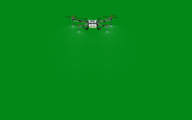 Fertilizante de drone agrícola pulverizando sobre fundo verde