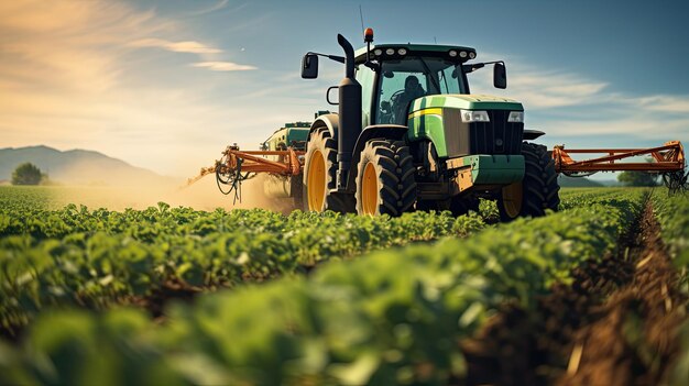 Foto fertilizante pulverizado por tractor em campo verde