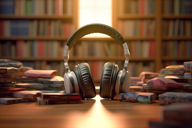 Fesselnde Audio-Erzählungen Kopfhörer inmitten von Bücherstapeln in der Bibliothek