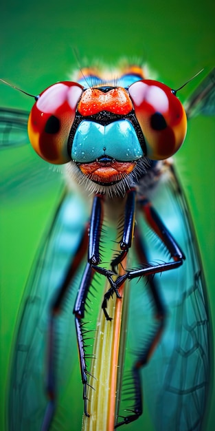Fesselnde Farben Ein atemberaubendes Makrofotografie-Porträt einer Libelle vor üppigem Grün