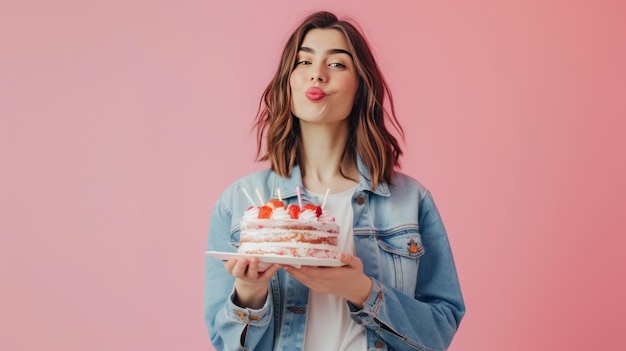 Fesselnde Geburtstagsfeiern Schöne Frau, umgeben von rosa, hält Kuchen auf einem Isolierten