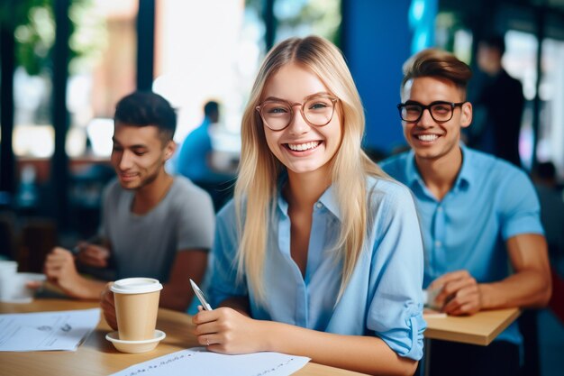 Foto fesselnde lancer-frau posiert mit kaffee am arbeitsplatz, während sich ein erfolgreicher chinesischer student engagiert.