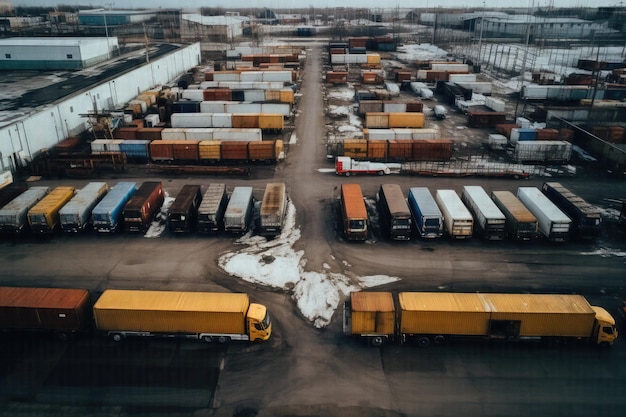 Fesselnde Luftaufnahme eines Lagerhauses mit einer Flotte geparkter Fabrikfahrzeuge bei Tag