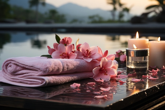 Foto fesselnde vorderansicht eines wellnessparadieses, spa-steine, rosafarbene blumenhandtücher
