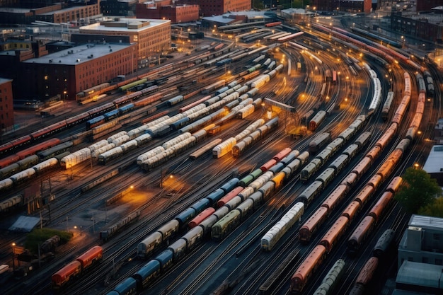 Fesselnder Blick von oben Eine Vielzahl von Zügen treffen im geschäftigen New Yorker Depot aufeinander