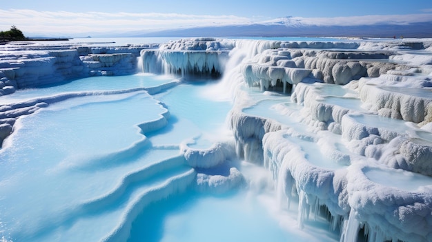 Fesselnder gefrorener Wasserfall, eine futuristische Landschaft aus kristallklaren Wellen